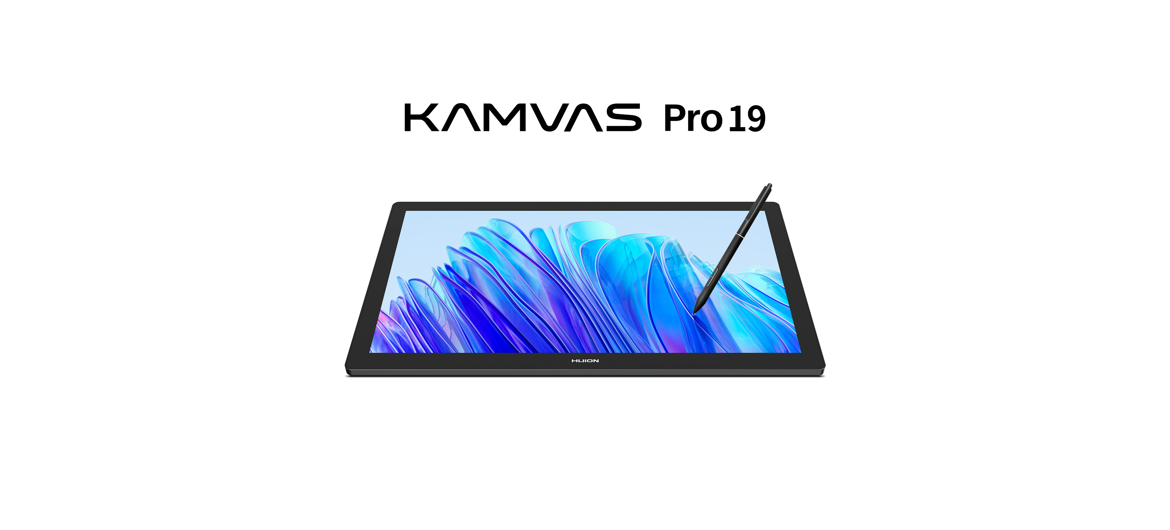 Kamvas Pro 19 official product image — 4K pen display with PenTech 4.0 technology and 150% sRGB.